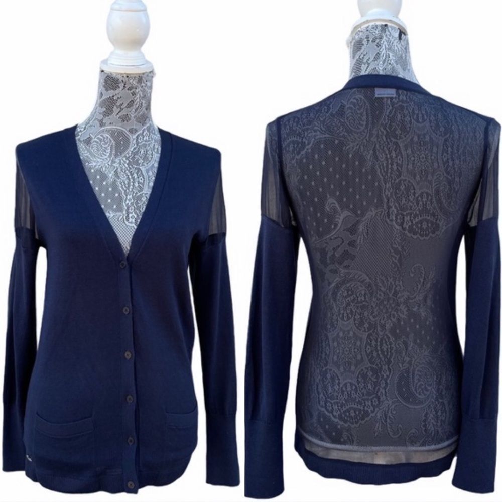 Lacoste Silk Blend Cardigan With Sheer Panels Navy Blue
